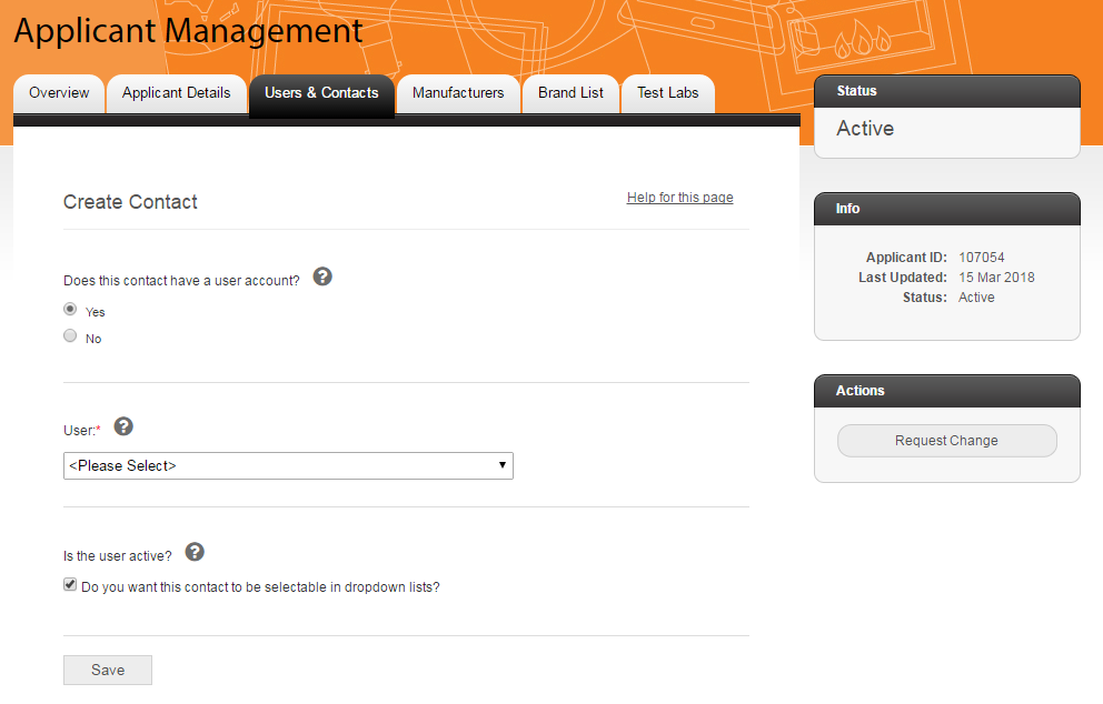 Screenshot of the Applicant Management create contact page