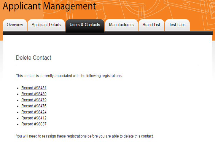 Screenshot of the Delete a Contact – Registrations linked to contact page