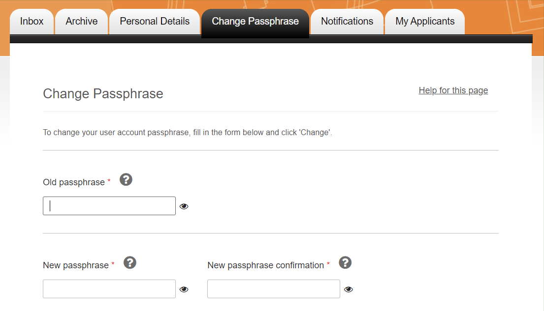 Screenshot of the change passphrase page under account management