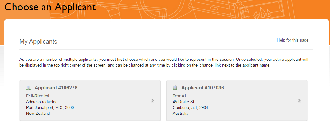 Screenshot of the choose an applicant page