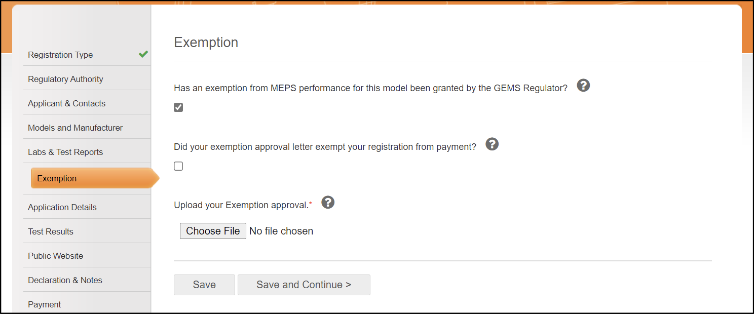 Screenshot of the exemption section of a registration