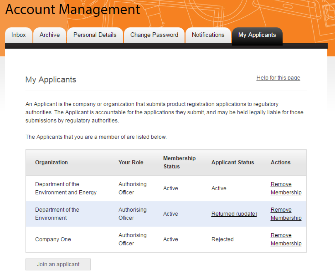 Screenshot of the my applicants page under account management