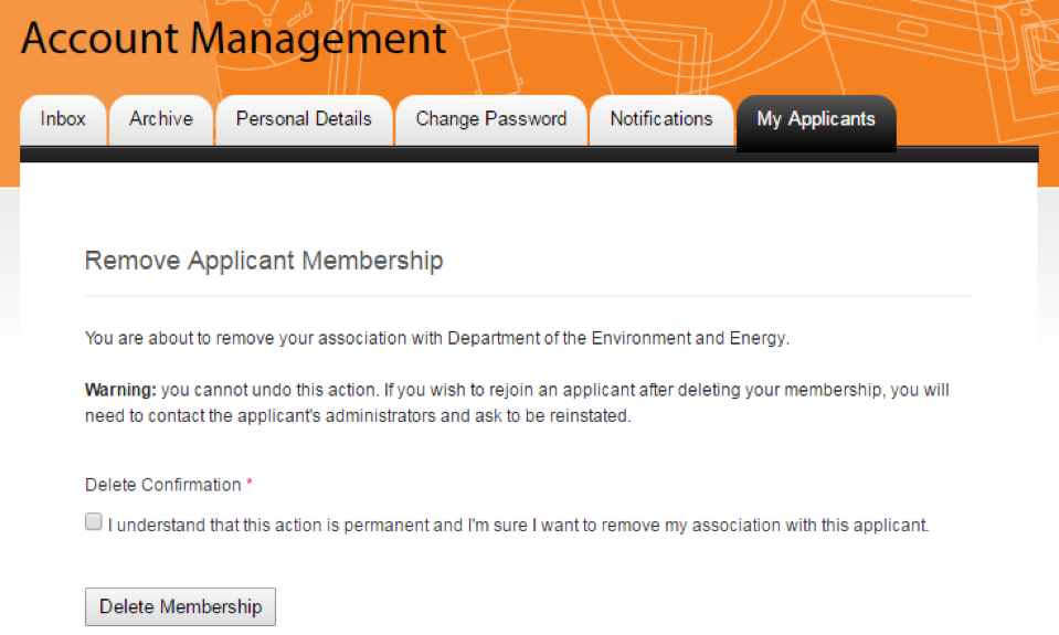 Screenshot of the remove applicant membership screen shown after step 1