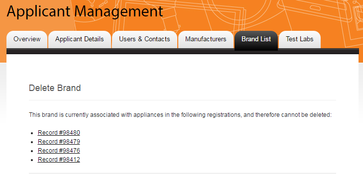 Screenshot of Delete Brand – Linked Registrations page