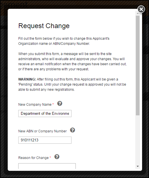 Screenshot of Request Change pop-up page