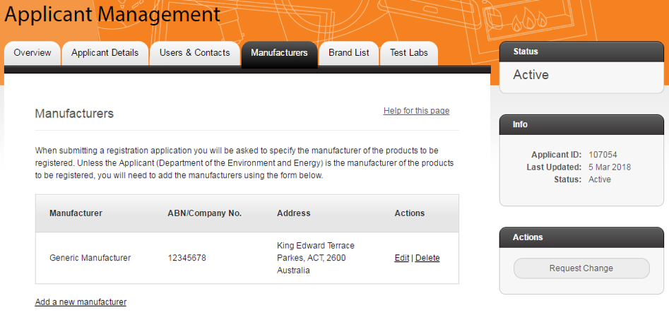 Screenshot of the Applicant management page, with the manufacturers page and tab shown