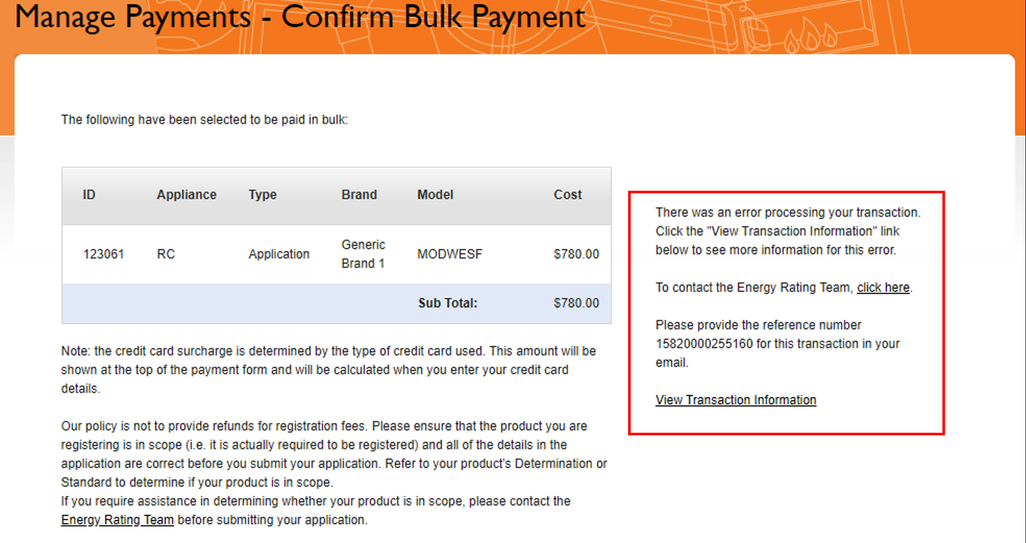 Screenshot of the confirm payment page with the error dialogue highlighted