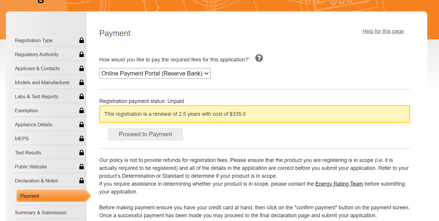 Screenshot of the payment section of a single electric motor registration with the Proceed to Payment button selected