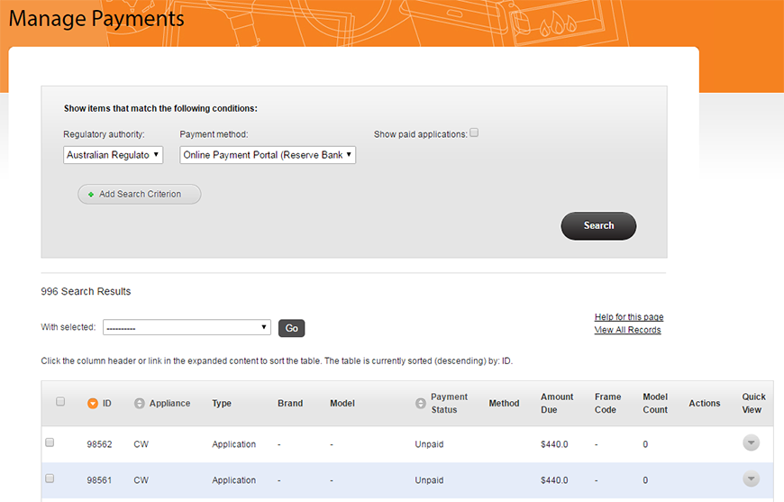 Screenshot of the Manage Payments page