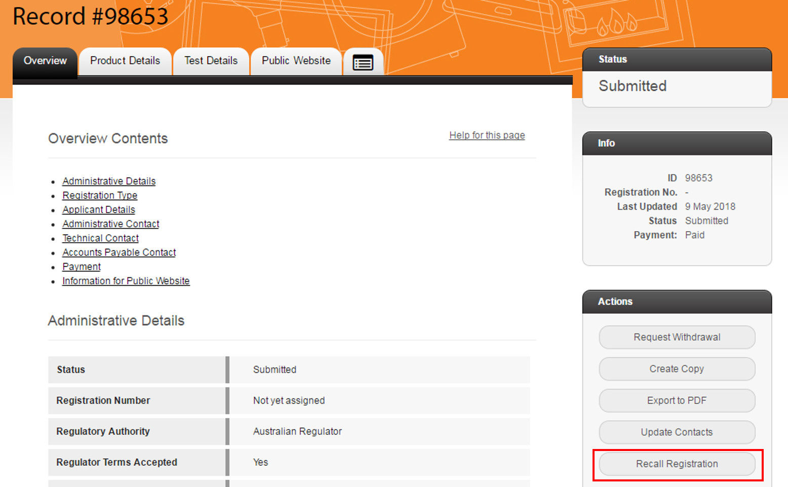 Screenshot of the registration overview page, with recall registration option highlighted