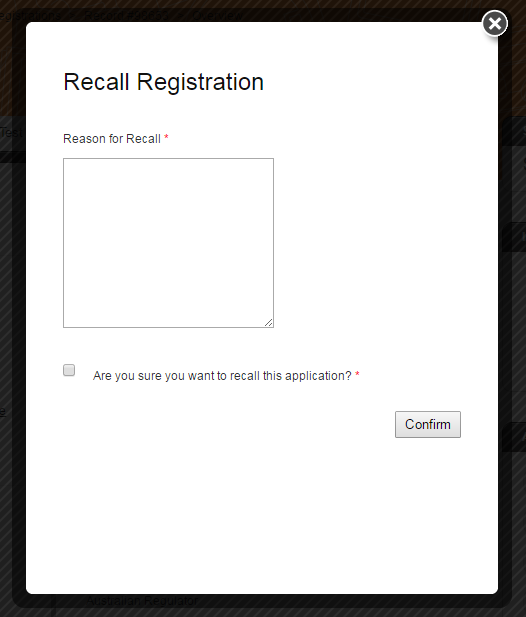 Screenshot of the recall registration pop-up window