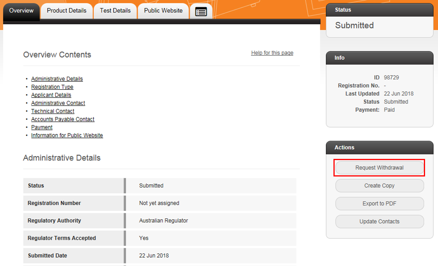 Screenshot of the registration overview page, with request withdrawal option highlighted
