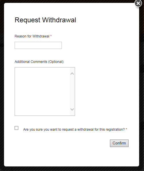 Screenshot of the request withdrawal popup window