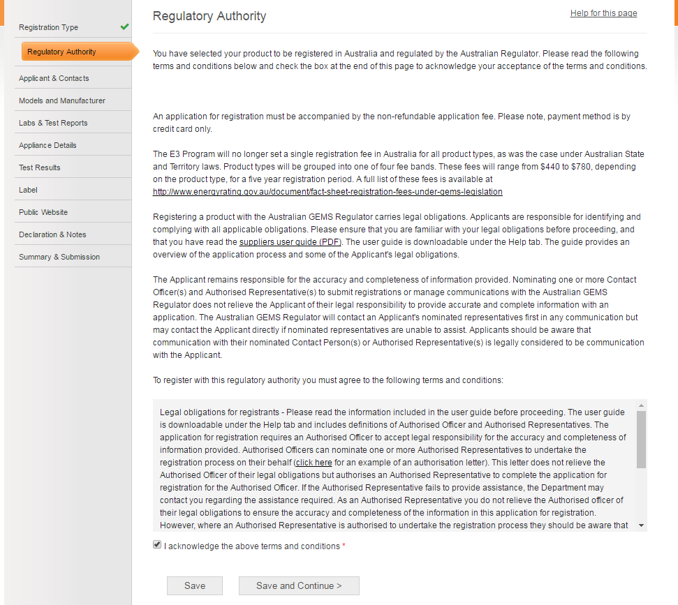 Screenshot of Regulatory Authority registration page for Australia