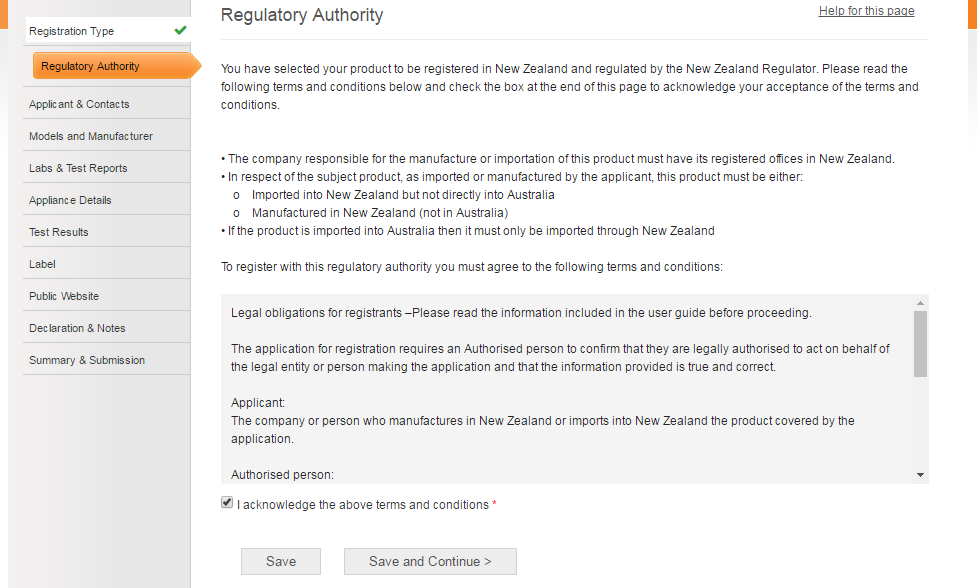Screenshot of Regulatory Authority registration page for New Zealand