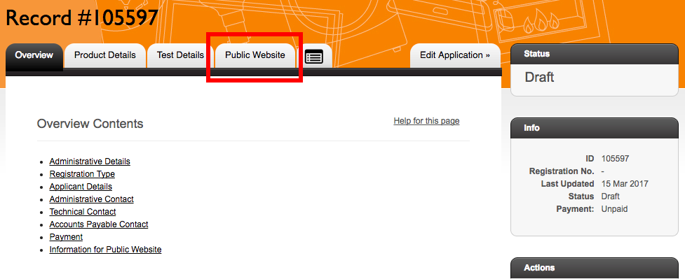 Screenshot of the overview tab for a registration with the public website sub-tab highlighted